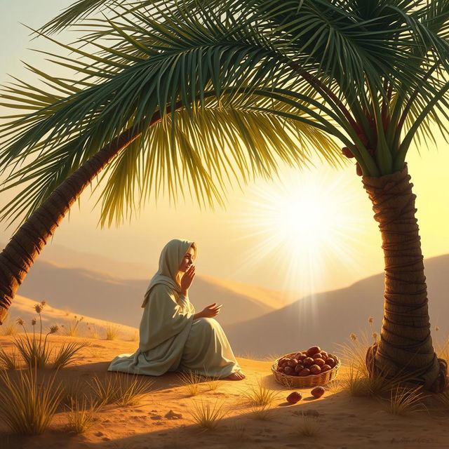 A serene and sacred scene depicting the historic moment of Mary (Maryam) nestled in seclusion, away from her family in the eastern part of the world