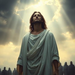 An ethereal and haunting portrait of a martyr, depicting a serene and peaceful expression