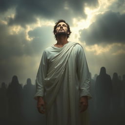 An ethereal and haunting portrait of a martyr, depicting a serene and peaceful expression