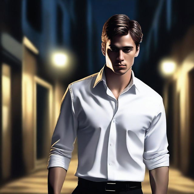 A hyper-realistic digital art piece portrays a handsome young man in a white shirt, depicted as an office worker walking down a deserted alley at night