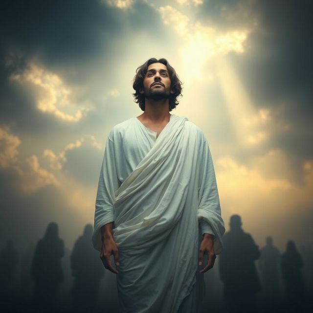 An ethereal and haunting portrait of a martyr, depicting a serene and peaceful expression