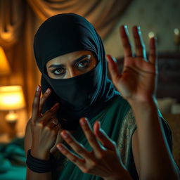 A compelling and dramatic scene featuring a beautiful Indian woman in an elegant green saree, partially obscured by a black balaclava, as she struggles to breathe