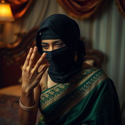 A compelling and dramatic scene featuring a beautiful Indian woman in an elegant green saree, partially obscured by a black balaclava, as she struggles to breathe