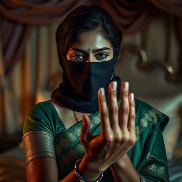 A compelling and dramatic scene featuring a beautiful Indian woman in an elegant green saree, partially obscured by a black balaclava, as she struggles to breathe