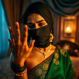 A compelling and dramatic scene featuring a beautiful Indian woman in an elegant green saree, partially obscured by a black balaclava, as she struggles to breathe