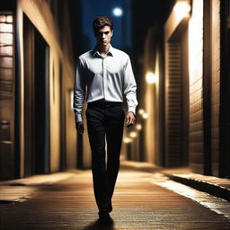 A hyper-realistic digital art piece portrays a handsome young man in a white shirt, depicted as an office worker walking down a deserted alley at night