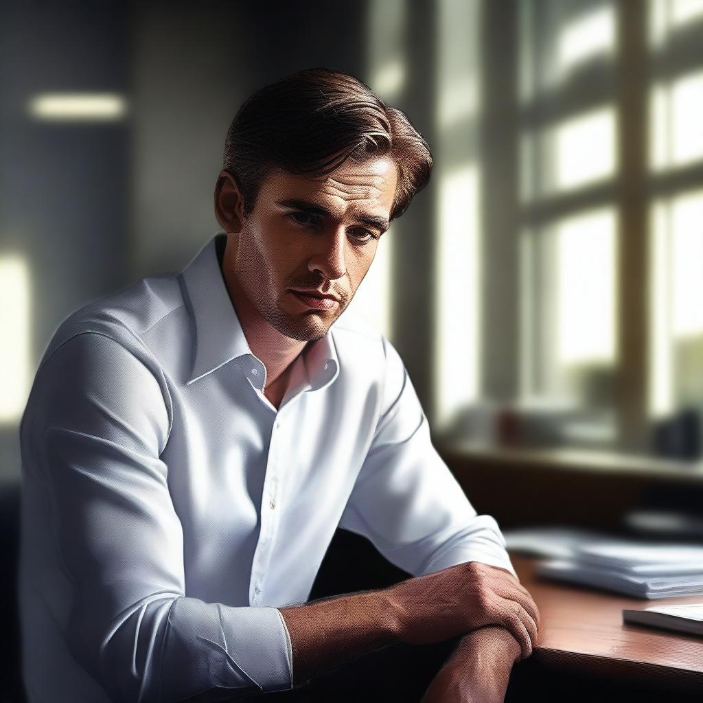 A hyper-realistic digital art piece portrays a handsome young man in a white shirt, depicted as an office worker deep in thought in a dimly lit office room