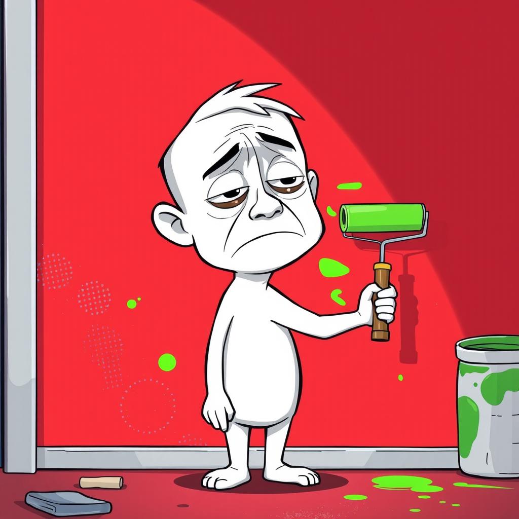A cartoon style illustration of a character known as 'Doomer', who has white skin and a somewhat melancholic expression, standing in front of a red wall