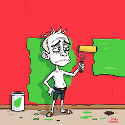 A cartoon style illustration of a character known as 'Doomer', who has white skin and a somewhat melancholic expression, standing in front of a red wall