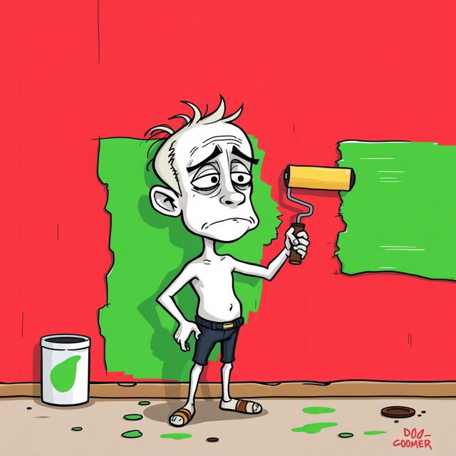 A cartoon style illustration of a character known as 'Doomer', who has white skin and a somewhat melancholic expression, standing in front of a red wall