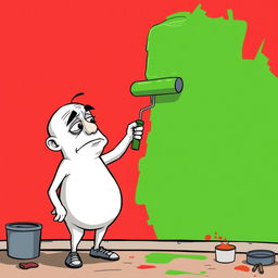 A cartoon style illustration of a character known as 'Doomer', who has white skin and a somewhat melancholic expression, standing in front of a red wall