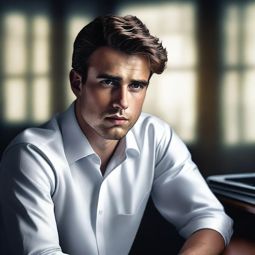 A hyper-realistic digital art piece portrays a handsome young man in a white shirt, depicted as an office worker deep in thought in a dimly lit office room