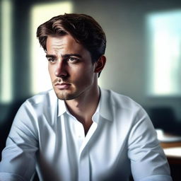 A hyper-realistic digital art piece portrays a handsome young man in a white shirt, depicted as an office worker deep in thought in a dimly lit office room