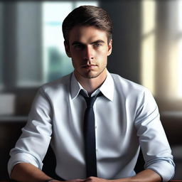 A hyper-realistic digital art piece portrays a handsome young man in a white shirt, depicted as an office worker deep in thought in a dimly lit office room