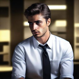 A hyper-realistic digital art piece portrays a handsome young man in a white shirt, depicted as an office worker deep in thought in a office room at night