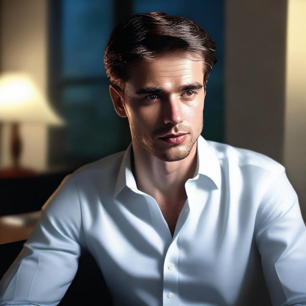 A hyper-realistic digital art piece portrays a handsome young man in a white shirt, depicted as an office worker deep in thought in a office room at night