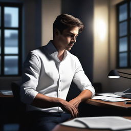 A hyper-realistic digital art piece portrays a handsome young man in a white shirt, depicted as an office worker deep in thought in a office room at night