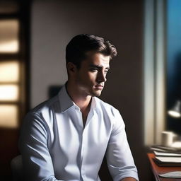 A hyper-realistic digital art piece portrays a handsome young man in a white shirt, depicted as an office worker deep in thought in a office room at night