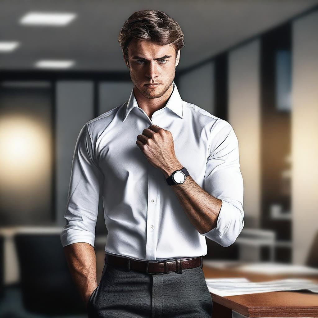 A hyper-realistic digital art piece portrays a handsome young man in a white shirt, depicted as a brave office worker clenching his fist in an office room at night