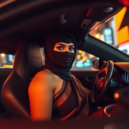 A captivating scene featuring a beautiful Indian woman in a stylish saree, wearing a sleek black balaclava, sitting in the driver's seat of a luxurious sports car