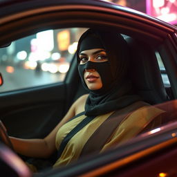 A captivating scene featuring a beautiful Indian woman in a stylish saree, wearing a sleek black balaclava, sitting in the driver's seat of a luxurious sports car