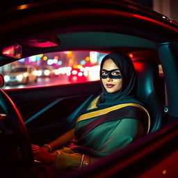 A captivating scene featuring a beautiful Indian woman in a stylish saree, wearing a sleek black balaclava, sitting in the driver's seat of a luxurious sports car