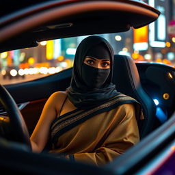 A captivating scene featuring a beautiful Indian woman in a stylish saree, wearing a sleek black balaclava, sitting in the driver's seat of a luxurious sports car