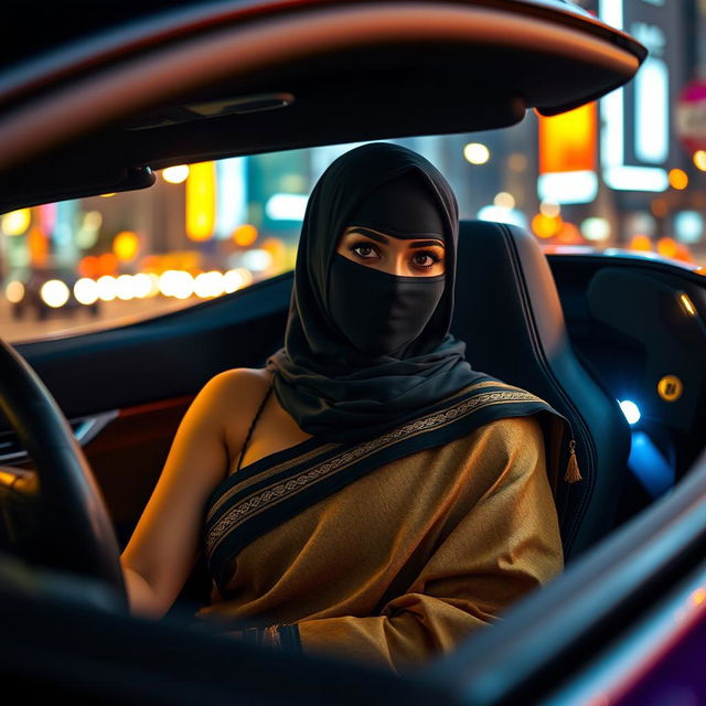 A captivating scene featuring a beautiful Indian woman in a stylish saree, wearing a sleek black balaclava, sitting in the driver's seat of a luxurious sports car