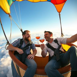 Two men floating in the sky within a colorful hot air balloon, each holding a glass of wine, smiling joyfully at each other