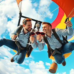 Two men floating in the sky within a colorful hot air balloon, each holding a glass of wine, smiling joyfully at each other