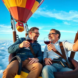 Two men floating in the sky within a colorful hot air balloon, each holding a glass of wine, smiling joyfully at each other