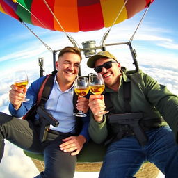 Two men floating in the sky within a colorful hot air balloon, each holding a glass of wine, smiling joyfully at each other