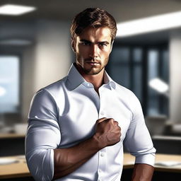 A hyper-realistic digital art piece portrays a handsome young man in a white shirt, depicted as a brave office worker clenching his fist in an office room at night