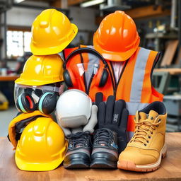 A collection of various workplace safety equipment displayed together, including hard hats, safety goggles, reflective vests, gloves, ear protection, and safety shoes, arranged on a wooden surface in a well-lit workshop environment