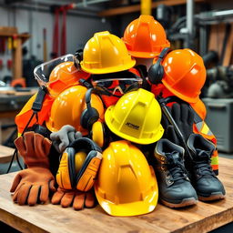 A collection of various workplace safety equipment displayed together, including hard hats, safety goggles, reflective vests, gloves, ear protection, and safety shoes, arranged on a wooden surface in a well-lit workshop environment