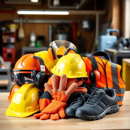 A collection of various workplace safety equipment displayed together, including hard hats, safety goggles, reflective vests, gloves, ear protection, and safety shoes, arranged on a wooden surface in a well-lit workshop environment