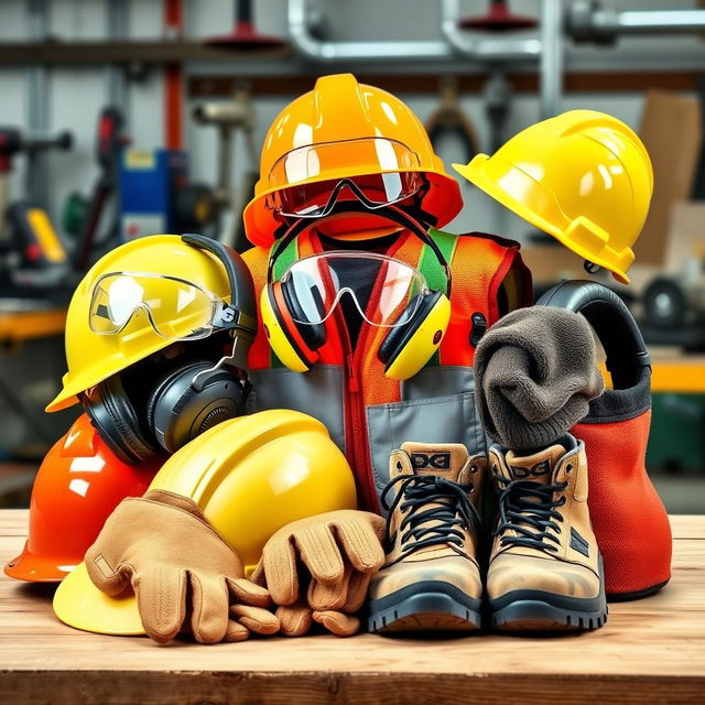 A collection of various workplace safety equipment displayed together, including hard hats, safety goggles, reflective vests, gloves, ear protection, and safety shoes, arranged on a wooden surface in a well-lit workshop environment