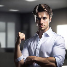 A hyper-realistic digital art piece portrays a handsome young man in a white shirt, depicted as a brave office worker clenching his fist in an office room at night