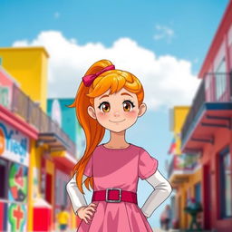 A cute and playful girl with long orange hair styled in a high ponytail, wearing a pink dress with a dark pink belt and white sleeves, accessorized with a red bow on her head