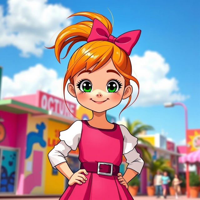 A cute and playful girl with long orange hair styled in a high ponytail, wearing a pink dress with a dark pink belt and white sleeves, accessorized with a red bow on her head