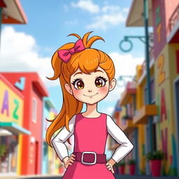 A cute and playful girl with long orange hair styled in a high ponytail, wearing a pink dress with a dark pink belt and white sleeves, accessorized with a red bow on her head