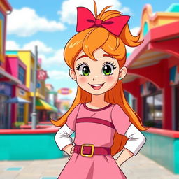 A cute and playful girl with long orange hair styled in a high ponytail, wearing a pink dress with a dark pink belt and white sleeves, accessorized with a red bow on her head