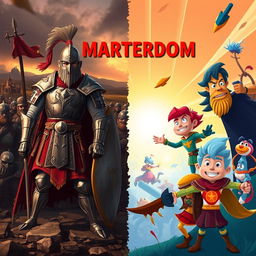 A contrasting image showcasing a blend of historical warriors and animated characters inspired by martyrdom