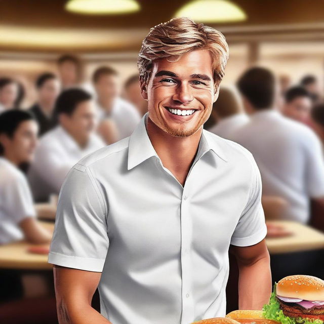 A hyper-realistic digital art piece showcases a handsome young man in a white shirt, portrayed as the happy CEO of a burger restaurant, surrounded by many people