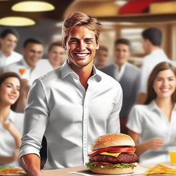 A hyper-realistic digital art piece showcases a handsome young man in a white shirt, portrayed as the happy CEO of a burger restaurant, surrounded by many people