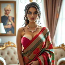A stunning Western woman with huge breasts elegantly draped in a colorful saree, showcasing a tasteful amount of cleavage
