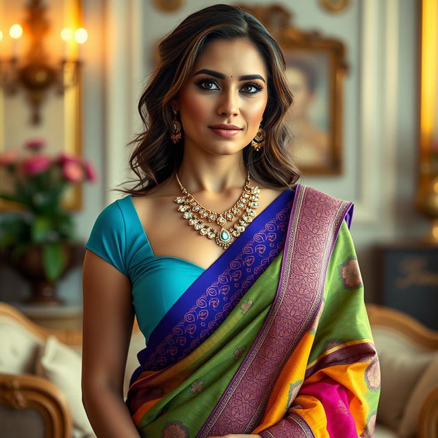 A stunning Western woman with huge breasts elegantly draped in a colorful saree, showcasing a tasteful amount of cleavage