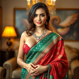 A stunning Western woman with huge breasts elegantly draped in a colorful saree, showcasing a tasteful amount of cleavage
