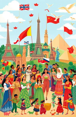 A vibrant illustration depicting the rich tapestry of diverse world cultures: featuring various traditional costumes from around the globe, colorful flags, people of different ethnic backgrounds engaged in cultural activities like dancing, cooking, and crafts
