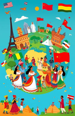 A vibrant illustration depicting the rich tapestry of diverse world cultures: featuring various traditional costumes from around the globe, colorful flags, people of different ethnic backgrounds engaged in cultural activities like dancing, cooking, and crafts